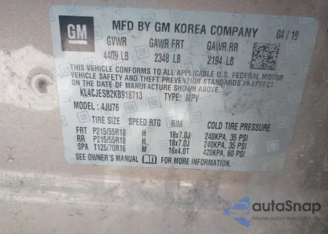 2019 Buick Encore Awd Preferred z USA, uszkodzony, nr VIN KL4CJESB2KB918713